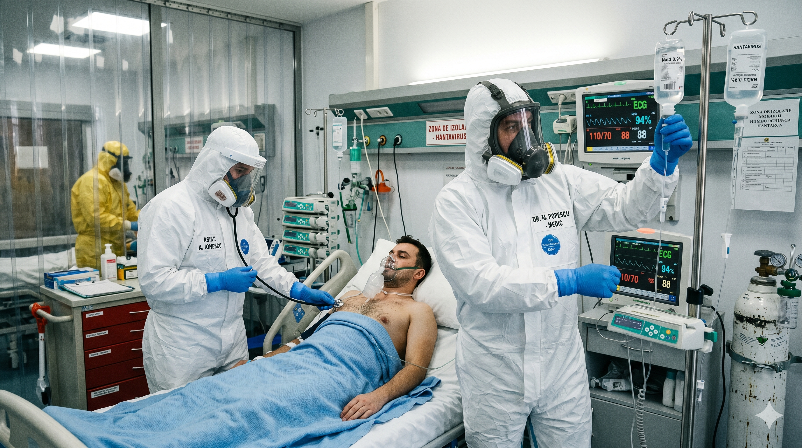 Echipă medicală tratând Hantavirus în condiții de izolare maximă